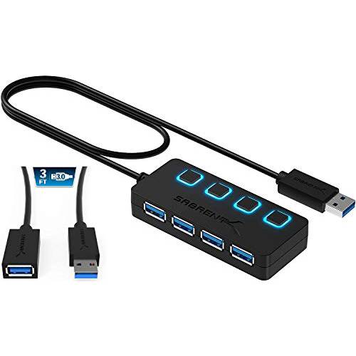 Sabrent 4-Port USB 3.0 허브+ 3 Ft 22AWG USB 3.0 연장 케이블 - A-Male to A-Female in 블랙