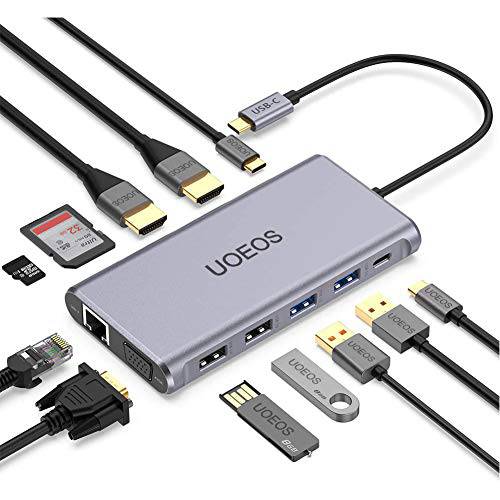 uoeos USB C 허브, 12 in 1 USB C 어댑터 with 4K 듀얼 HDMI, 1080P VGA, 100W PD, RJ45 랜포트, USB C to USB 3.0, 카드 리더,리더기, USB C 도크 호환가능한 for 맥북, 델, 레노버 and More 타입 C 디바이스