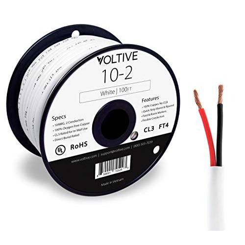 Voltive 10/ 2 스피커 와이어 - 10 AWG/ 게이지 2 Conductor - UL Listed in 벽면 (CL2/ CL3) and 아웃도어/ In 그라운드 (다이렉트 Burial) Rated - Oxygen-Free 구리 ( OFC) - 100 Foot 스풀 - 화이트
