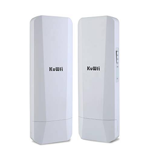 KuWFi 2-Pack 900Mbps 5.8G 아웃도어 무선 브릿지 롱 레인지 심 to 심 송신기 Distance 와이파이 송신기 14DBi 고 Gain 안테나 기가비트 RJ45 포트 IP65 방수