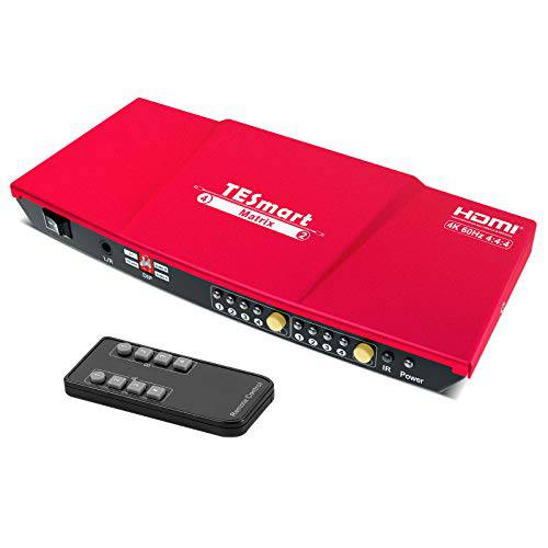 TESmart 4x2 HDMI 매트릭스 스위치 분배기, 4K@60Hz HDMI분배기, 모니터분배기 박스, 4 in 2 Out IR 리모컨 컨트롤러 지원 HDCP 2.2 18Gbps, 울트라 HD 4K x 2K, 3D, 1080p, EDID, HDR Dolby 비전 (레드)