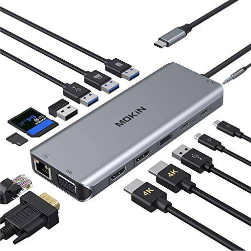 USB C 탈부착 스테이션, 14-in-1 USB C 멀티포트 어댑터 USB C 동글 듀얼 모니터 4K 듀얼 HDMI+ VGA+ 이더넷+ 5USB,+ SD/ TF+ USB C PD+ 데이터+ 오디오 Dell XPS 13/ 15/ 서피스 프로 7 고/ 맥북 프로/ 에어