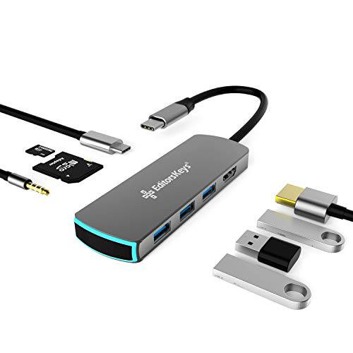 USB-C 어댑터 허브 HDMI, USB-3, 오디오 Out, 마이크로 SD and SD | 8 in 1 전원 마이크, 마이크로폰&  멀티 어댑터 Mac, PC and 아이패드 | 슈퍼 고속 | 1 Year 워런티