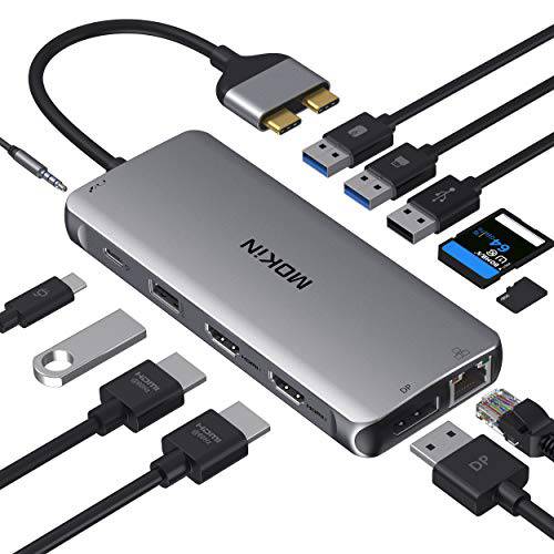 맥북 프로 탈부착 스테이션 듀얼 모니터 맥북 프로 HDMI 어댑터, 12 in 1 USB C 어댑터 맥북 프로 에어 Mac HDMI 도크 동글 듀얼 USB C to 듀얼 HDMI DP 이더넷 AUX 4USB SD/ TF100W PD