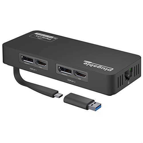 Plugable 4K DisplayPort,DP and HDMI 듀얼 모니터 어댑터 이더넷 USB 3.0 and USB-C, 호환가능한 윈도우