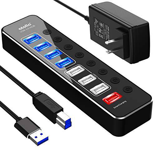 전원 USB 허브 3.0, Atolla 알루미늄 8-Port USB 데이터 허브 분배기 (4 USB 3.0 데이터 포트+ 3 USB 2.0 데이터 포트+ 1 스마트 충전 포트) 개인 스위치 and 12V/ 2.5A 파워 어댑터 USB 연장