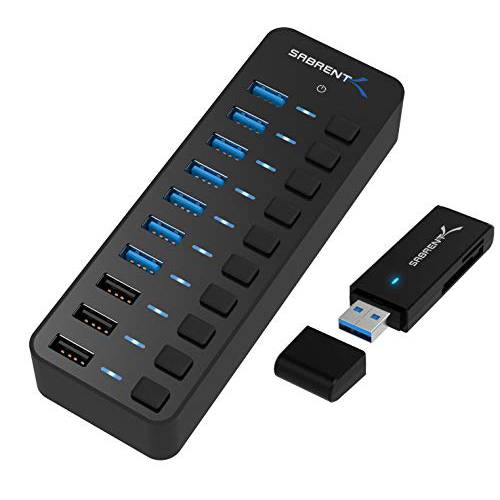 Sabrent 60W 10-Port USB 3.0 허브+ USB 3.0 마이크로 SD and SD 카드 리더, 리더기