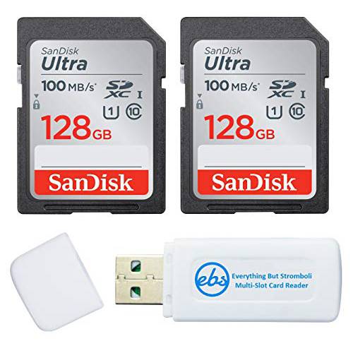 SanDisk 128GB SDXC SD 울트라 메모리 카드 (2 팩) Works 캐논 EOS Rebel T7, Rebel T6, 77D 디지털 카메라 Class 10 (SDSDUNR-128G-GN6IN) 번들,묶음 (1) Everything But 스트롬볼리 콤보 카드 리더, 리더기
