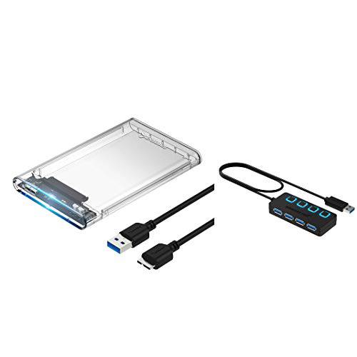 Sabrent 2.5-Inch SATA to USB 3.0 Tool-Free 클리어 외장 하드디스크 인클로저+ 4-Port USB 3.0 허브 개인 LED 파워 스위치