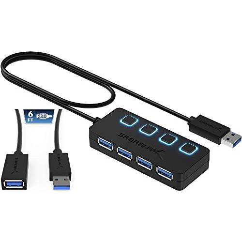 Sabrent 4-Port USB 3.0 허브+ 6 Ft 22AWG USB 3.0 연장 케이블 - A-Male to A-Female in 블랙