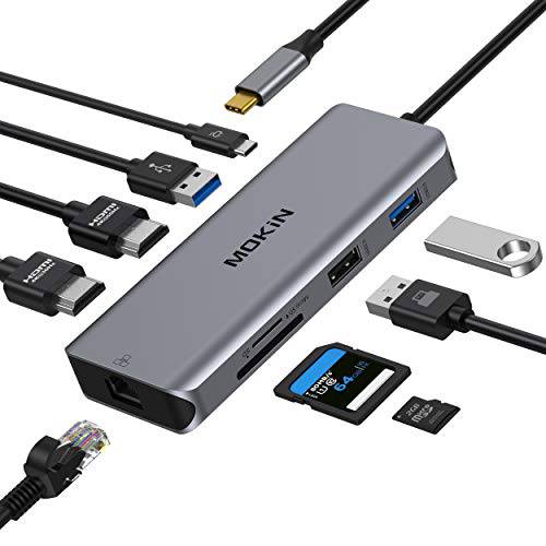USB C 듀얼 HDMI 어댑터, USB C 노트북 탈부착 스테이션 9 in 1 트리플 디스플레이 멀티포트 동글 2 HDMI, 100W PD, 3 USB SD/ TF 카드 리더, 리더기 and RJ45 맥북 프로 에어 타입 C 노트북