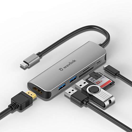 WAVLINK USB C 허브, 6-in-1 USB 어댑터  윈도우& Mac,  2 USB3.0 포트, 4K HDMI 포트, SD/ 마이크로SD 카드 리더, 리더기, 65W 파워 서플라이 아이패드 프로/ 맥북/ 타입 C 디바이스