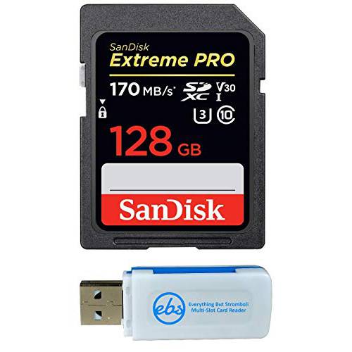 SanDisk  익스트림 프로 128GB SDXC 카드 소니 알파 카메라 Works a6100, a6600, a9 II, a7S III Class 10 (SDSDXXY-128G-GN4IN) 번들,묶음 (1) Everything But 스트롬볼리 SD 메모리 카드 리더, 리더기
