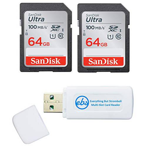 SanDisk 64GB SDXC SD 울트라 메모리 카드 (2 팩) Works 캐논 EOS Rebel T7, Rebel T6, 77D 디지털 카메라 Class 10 (SDSDUNR-064G-GN6IN) 번들,묶음 (1) Everything But 스트롬볼리 콤보 카드 리더, 리더기