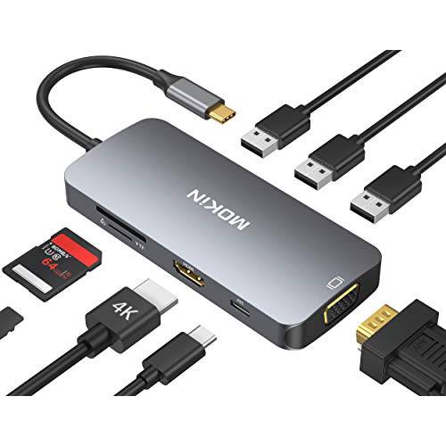 USB C 어댑터 맥북 프로 2019 2018 2017, USB C 허브 USB C to HDMI VGA SD TF 카드 리더, 리더기 3USB 3.0 and USB C 파워 Pass-Through 포트