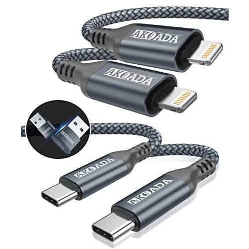 AkoaDa USB C To 라이트닝 케이블 10ft (2 팩), [애플 MFi 인증된] 나일론 Braided 타입 C 아이폰 고속충전 케이블 아이폰 12/ 12 프로/ 11 프로 맥스/ X/ Xs/ XR, 아이패드 And More, 지원 파워 Delivery (그레이)