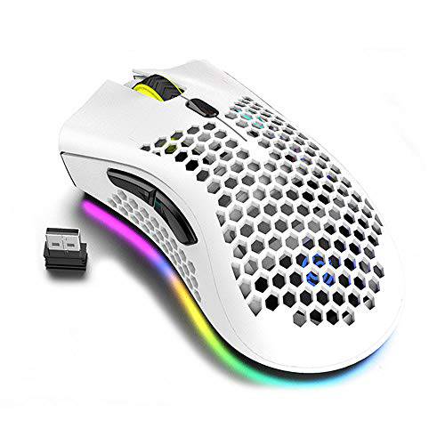 경량 게이밍 마우스, 벌집패턴 디자인 충전식 무선 게이밍 마우스 USB 리시버 RGB 백라이트 컴퓨터 마우스 노트북 PC (화이트)