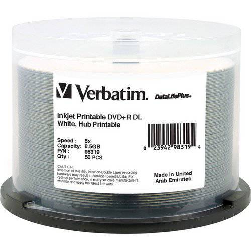 Verbatim DVD+ R DL 8.5GB 8X DataLifePlus 화이트 잉크젯 인쇄가능, 허브 인쇄가능 - 50pk Spindle - 98319