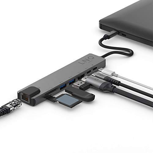 LINQ byELEMENTS 8 in 1 USB-C 멀티포트 허브, 알루미늄, 4k@60Hz HDMI 출력, RJ45 GigabitNetwork 포트, SD 카드 리더, 리더기, TF 카드 리더, 리더기, 2 x USB-A 3.0, USB-C 3.0, USB-C 100W 파워 delivery