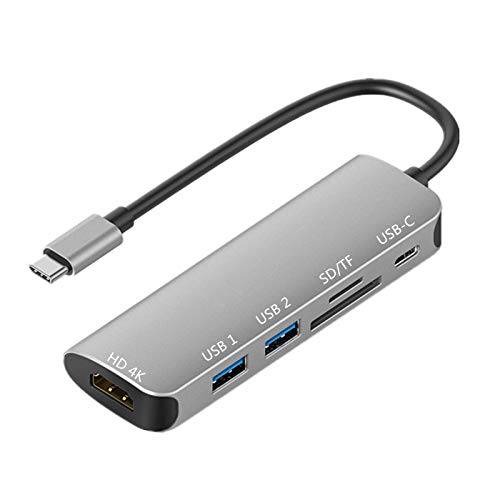 USB C 허브 6 in 1 Type-C 어댑터 멀티포트 (USB 3.02+ SD/ TF 카드 리더, 리더기+ 4K HDMI+ Type-C 포트) SHARLLEN 호환가능한 맥북 프로/ 아이패드 프로/ HW 메이트북/ 크롬북 and Other 타입 C Devices(Gray)