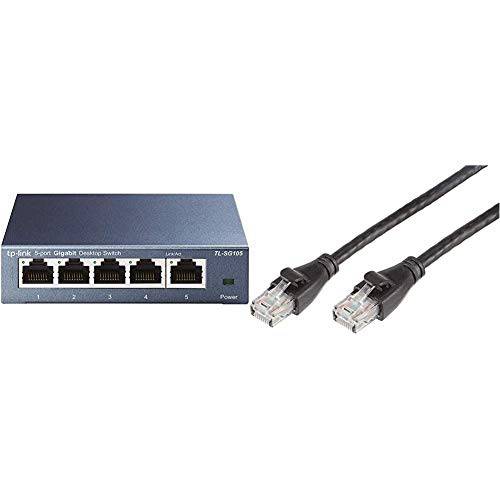 TP-Link 5 Port 기가비트 이더넷 네트워크 스위치 | 견고한 메탈 w/ 보호처리된 포트 | Life 타임 워런티& AmazonBasics RJ45 Cat-6 이더넷 패치 인터넷 케이블 - 5 Feet (1.5 미터) (5-Pack)