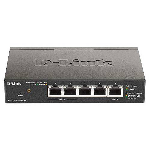 D-Link PoE 스위치, 5 Port 스마트 Managed 이더넷 기가비트 확장기 인터넷 네트워크 레이어 2 파워 Over 이더넷 (DGS-1100-05PDV2)