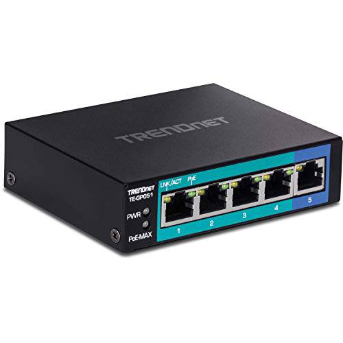 TRENDnet 5-Port Unmanaged 기가비트 PoE+ 스위치, TE-GP051, 4 x 기가비트 PoE+, 1 x 기가비트 Port, 10Gbps 변환 용량, 35W PoE 파워 예산, 메탈 네트워크 이더넷 스위치, 팬리스
