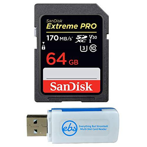 SanDisk 64GB SDXC 익스트림 프로 메모리 카드 Works 소니 알파 a7 III, a7 II, a7, a7s, a7s II 미러리스 카메라 4K V30 UHS-I (SDSDXXY-064G-GN4IN) 플러스 (1) Everything But 스트롬볼리 (TM) 콤보 리더, 리더기