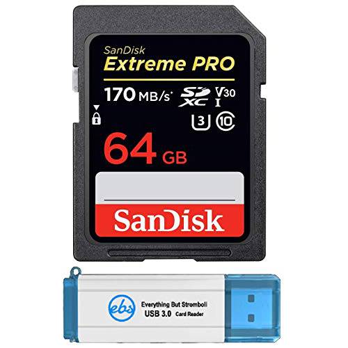 SanDisk 64GB SDXC SD 익스트림 프로 메모리 카드 번들,묶음 Works 캐논 EOS Rebel T5, T5i, T6, T6i, T7, T7i 디지털 DSLR 카메라 4K V30 (SDSDXXY-064G-GN4IN) 플러스 1 Everything But 스트롬볼리 (TM) 3.0 리더, 리더기