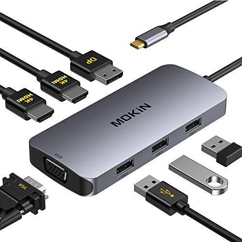 USB C 탈부착 스테이션, USB C to 듀얼 HDMI 허브, 7 in 1 타입 C 탈부착 스테이션 듀얼 HDMI 어댑터, USB C 어댑터 듀얼 HDMI, VGA, 3 USB 포트, DP 포트 호환가능한 Dell XPS 13/ 15, 레노버 요가, etc