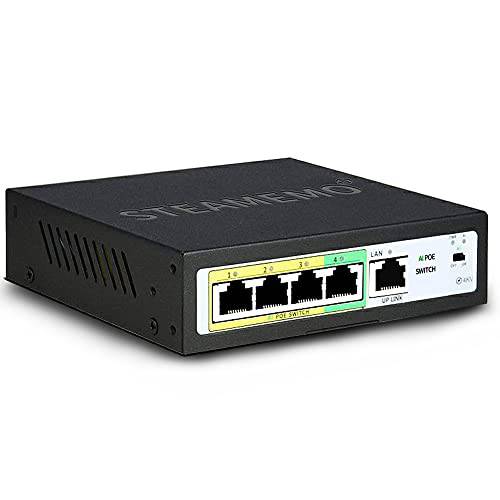 STEAMEMO 5 포트 AI PoE 스위치 （4 POE 포트+ 1 Uplink），802.3af/ at PoE 100Mbps, 52W Built-in 파워, Extend to 250Meter, Unmanaged 메탈 플러그 and 플레이