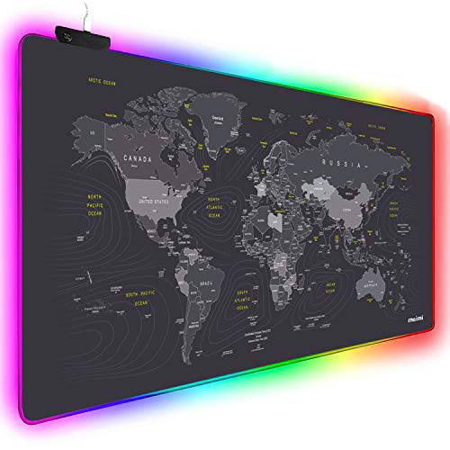 Extended RGB 마우스 패드 매트, rnairni 라지 오피스 테이블 데스크 매트 게이밍 라이트닝 Led 마우스패드 PC 컴퓨터 키보드 방수 Anti-Slip 매우얇은 4mm - 31.5’’ x 15.7’ (세계 맵)