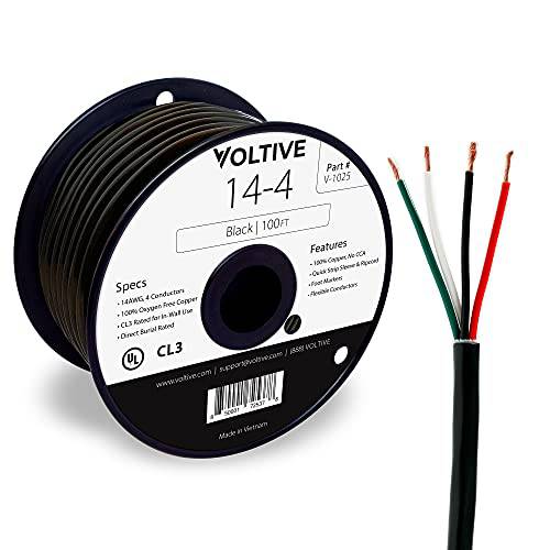 Voltive 14/ 4 스피커 와이어 - 14 AWG/ 게이지 4 컨덕터 - UL Listed in 벽면 (CL2/ CL3) and 아웃도어/ In 그라운드 (다이렉트 Burial) Rated - Oxygen-Free 구리 ( OFC) - 100 Foot 스풀 - 블랙