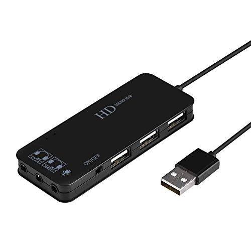 M ugast USB 2.0 허브 분배기, 다기능 USB 포트 컨버터, 변환기 to 3 USB+  헤드폰 and 마이크,마이크로폰 잭+ w/ 7.1CH 사운드 Adapter(Black)