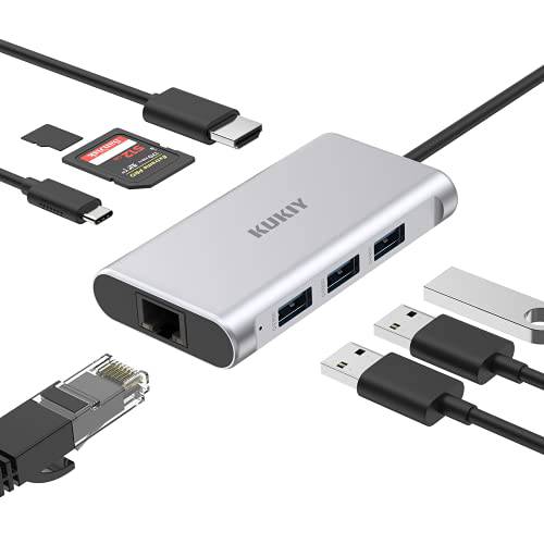 USB C 허브 8-in-1 4K HDMI, KUKIY 기가비트 이더넷, 3 USB 3.0, 100W PD 충전 and SD& 마이크로 SD 카드 리더, 리더기 USB C 어댑터 알루미늄 맥북 프로/ 에어 (썬더볼트 3)