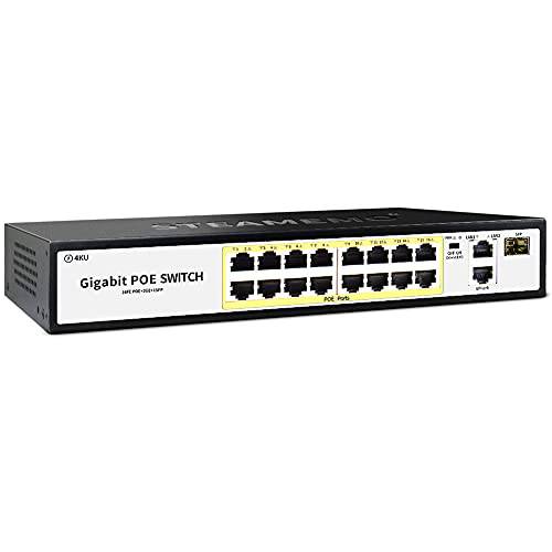 STEAMEMO 16 포트 PoE+ 스위치 16 PoE+ 100Mbps 포트 @ 200W Built-in 파워+ 2 기가비트 업링크, 1 x 1G SFP, 802.3af/ at, Extend to 250Meter, Unmanaged 메탈 플러그 and 플레이