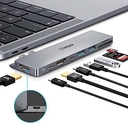 Intpw USB C 3.0 허브, 8 in 1 USB C 노트북 탈부착 스테이션 듀얼 모니터 w/ 4K HDMI 출력, 2 USB 3.0 포트, UHS-II SD/ 마이크로 SD 카드 리더, 리더기, 썬더볼트 3 도크 13’’ 15’’ 맥북 프로/ A