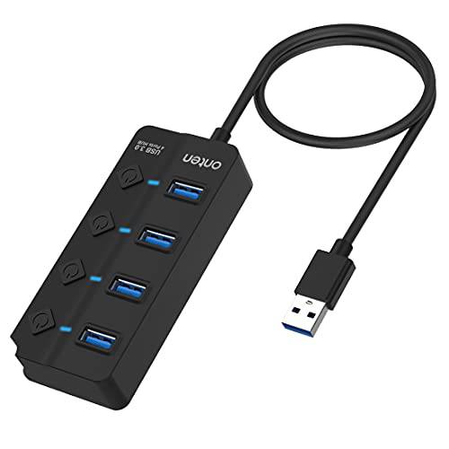USB 허브, Onten 4-Port USB 3.0 데이터 허브 개인 on/ Off 스위치 and 라이트 맥북, 노트북, 서피스 프로, PC,  플래시드라이브, 휴대용 HDD (0.5FT/ 0.15M)