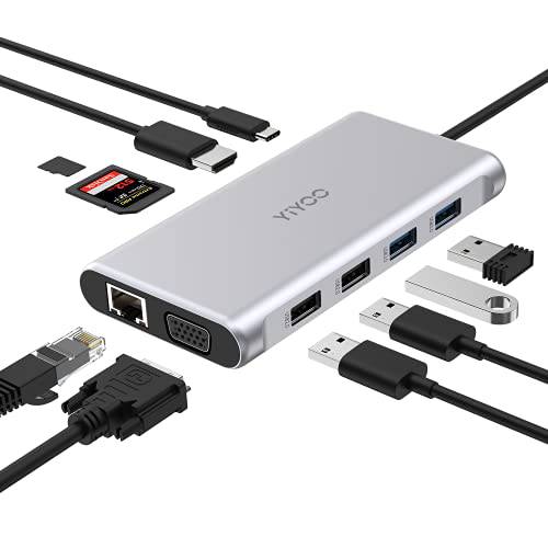 USB C 허브, YIYOO 10 in 1 타입 C 멀티포트 어댑터 기가비트 이더넷, 4K HDMI, VGA, 2 USB 3.0, 2 USB 2.0, 100W PD, USB-C 데이터 포트 and SD& TF 탈부착 스테이션 맥북맥북프로/ Air(Thunderbolt 3)