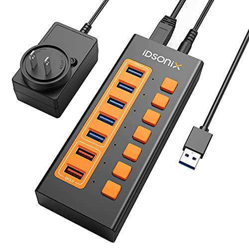 iDsonix USB 허브, 7-Port 15V/ 4A 전원 USB 3.0 허브 BC1.2 (5V2.4A) and QC3.0 (18w) 고속충전, 5Gbps 전송 스피드 개인 스위치 알루미늄 합금 USB-A 허브 노트북, PC, HDD, SSD and More