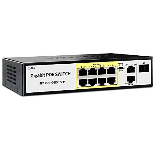 STEAMEMO 8 포트 PoE 스위치, 8 100Mbps PoE+ 포트 @100W Built-in 파워, 2 업링크 기가비트 포트+ 1 SFP 슬롯, 802.3af/ at, Extend to 250Meter, 데스크탑/ Wall-Mount, Unmanaged