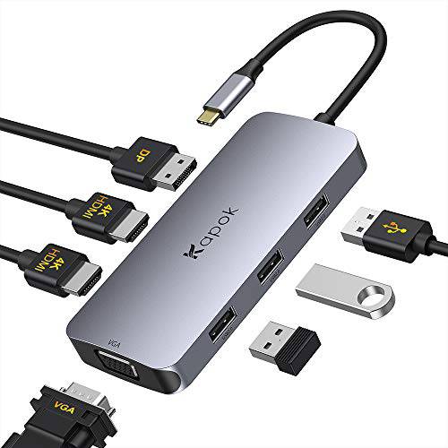 USB C to 듀얼 HDMI 어댑터, 7 in 1 USB-C 노트북 탈부착 스테이션 듀얼 모니터, 타입 C 허브 멀티포트 어댑터 동글 2 HDMI 4K, DisplayPort,DP, VGA, 3 USB 2.0 Dell XPS 13/ 15, 레노버 요가, etc