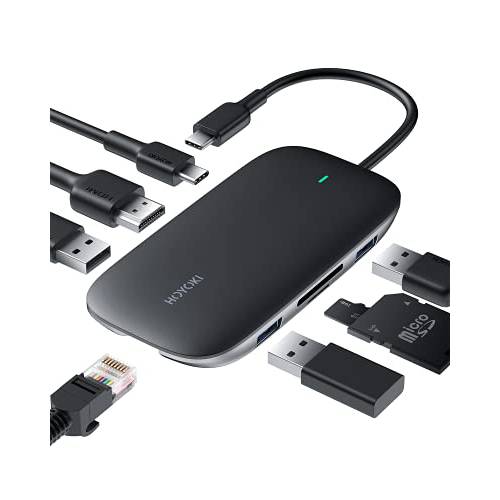 HOYOKI USB C 허브, 8 in 1 타입 C 허브, 타입 C 어댑터 이더넷, 4K HDMI, 2 USB 3.0, 100W USB C PD 포트, SD/ 마이크로 SD 카드 맥북 프로/ Air(Thunderbolt 3), Chromebo