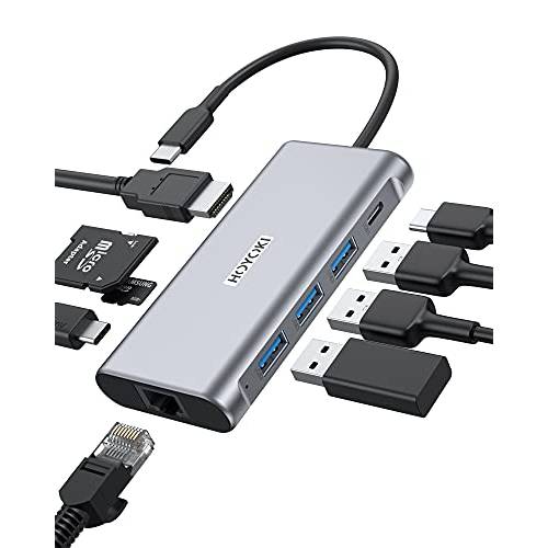 HOYOKI USB C 허브 어댑터, 9 in 1 USB C 어댑터, 타입 C 어댑터 이더넷 1000Mbps, 4K HDMI, 3 USB 3.0, USB-C 데이터 포트 5Gbps, 100W PD 썬더볼트 3, SD/ TF 슬롯 맥북 and More 타입 C 디바이스
