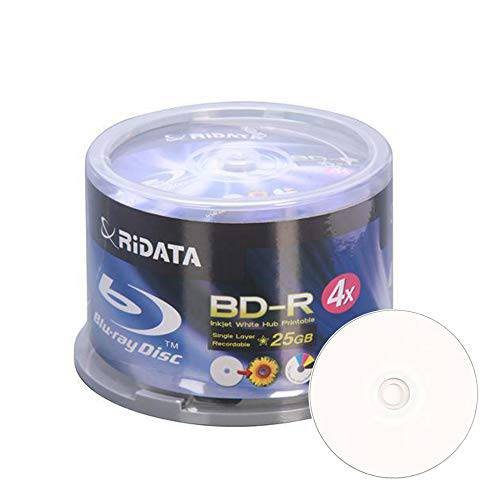 Ritek Ridata Blu-Ray (BD-R) 화이트 잉크젯 허브 인쇄가능 4X BD-R 미디어 25GB 50 팩 in 케이크 박스 (BDR-254-RDIWN-CB50)