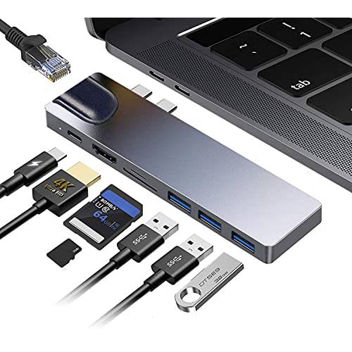 USB C 허브 Mac 북 프로, SHARLLEN 8 in 2 USB C RJ45 이더넷 어댑터+ 4K HDMI, 3 USB 3.0, SD& TF 카드 리더, 리더기 and 썬더볼트 3 USB C 포트 호환가능한 Mac 북 프로/ 에어/ TV/ 모니터/ 프로젝터/ 키보드/ 마우스