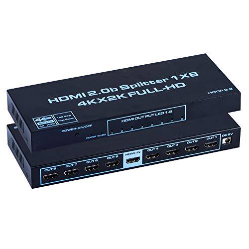 HDMI 분배기 1x8, 4K HDMI 분배기 1 in 8 Out 오디오비디오, AV 분배기 박스, 지원 HDMI 2.0b, HDCP 2.2, 4K@60Hz, 3D, RGB4:4:4 호환가능한 엑스박스, PS4, 파이어 스틱, Roku, 프로젝터, HDTV