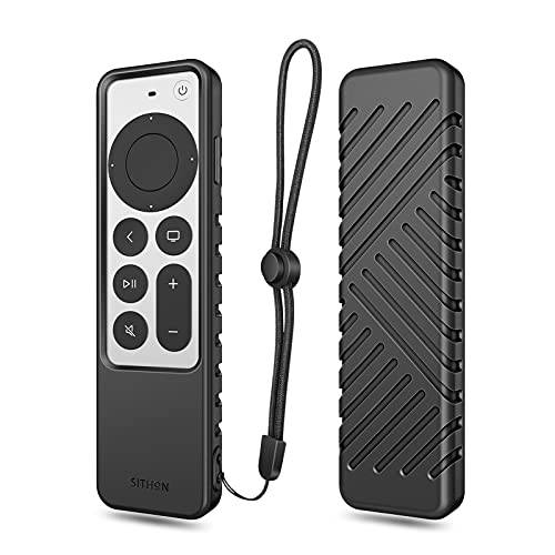 SITHON 실리콘 케이스 애플 TV 4K 2021 리모컨 컨트롤러, 경량 충격방지 미끄럼방지 보호 커버 스트랩 스트랩 애플 TV 4K/ HD Siri 리모컨 (2nd 세대), 블랙