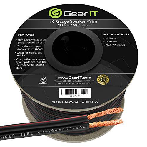 16AWG 스피커 와이어, GearIT 프로 시리즈 16 게이지 스피커 와이어 케이블 (200 Feet/ 60.96 미터) Great 사용 가정용 시어터 스피커 and 자동차 스피커, 블랙