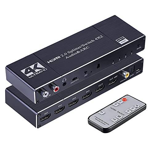 4K HDMI 스위치 분배기, 4 in 2 Out HDMI 스위치 분배기 지원 ARC R/ L 3.5mm 오디오+ + 동축, Coaxial,COAX+ SPDIF 오디오 분리기 기능 and IR 리모컨
